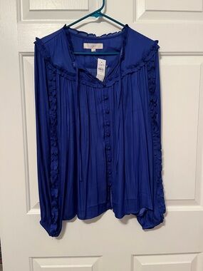 NWT LOFT Royal Blue Ruffle-Trim Button Front Blouse